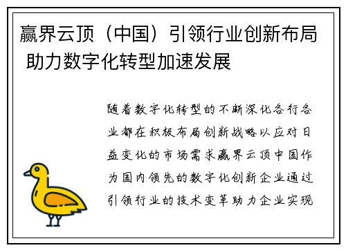赢界云顶（中国）引领行业创新布局 助力数字化转型加速发展
